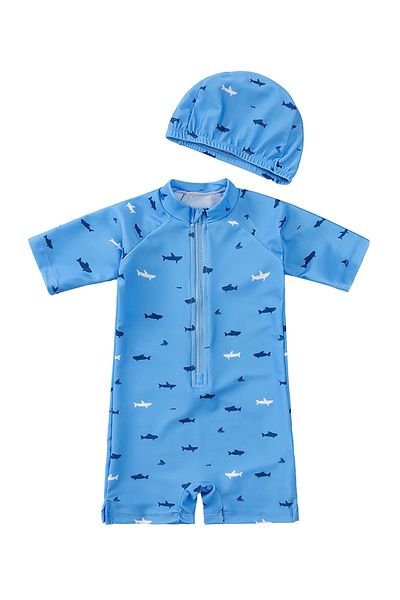 SAPS Shark Printed Legged Swimsuit with Cap - Blue