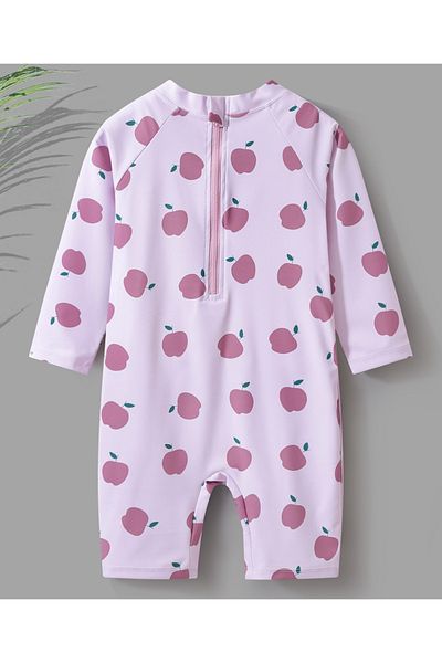 SAPS All Over Apples Printed Quick Drying Full Sleeves Legged Swimsuit Swimming Cap - Purple & Pink