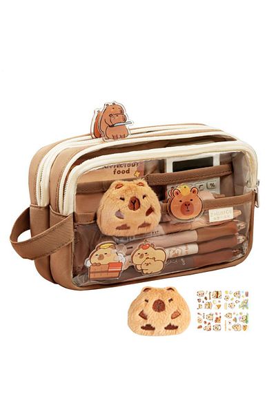 Choice Coffee Clear Pencil Pouch With Cute Capybara Plush And Stickers Doll Pencil Pouch Cute Office Statio