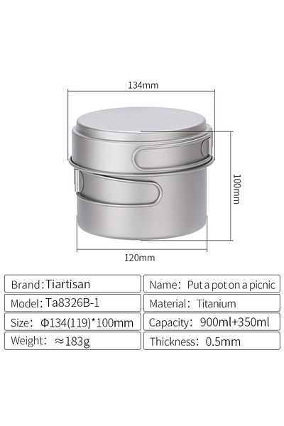 Choice T-Ta8326BN-1 Tiartisan Titanium Folding Handle Camping Pot Frying Pan Set Lightweight Portable Cook