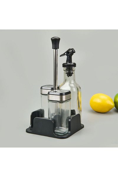 MATMEL Set of 4 Glass Salt Shakers Oil Vase Vinegar Set - Transparent / Black