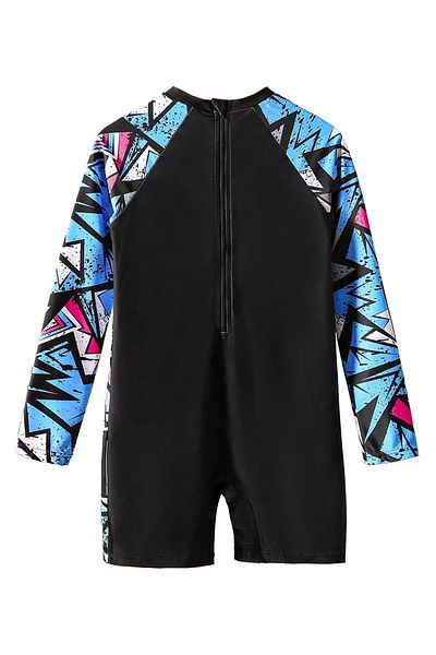 SAPS Surf Print Quick Drying Full Sleeves Legged Swimsuit - Black & Blue