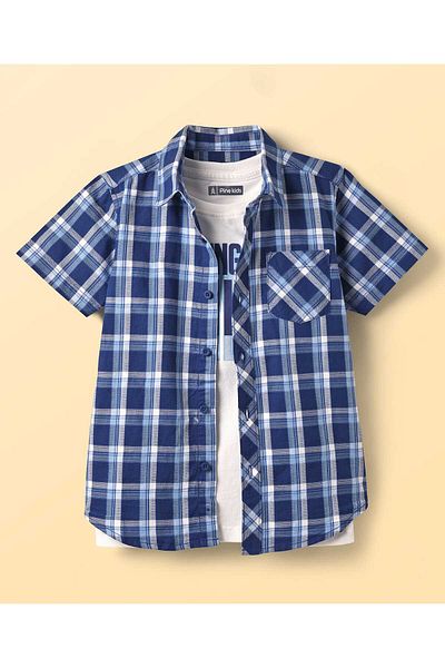 Pine kids Cotton Woven Half Sleeves Checks Shirt Sleeveless Text Printed T-Shirt-White & Navy Blue