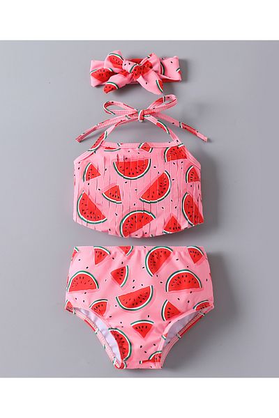 SAPS All Over Watermelon Printed Two Piece Swimsuit With Matching Headband - Pink/Red