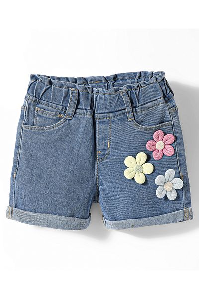 Babyhug Mid Thigh Denim Washed Shorts With Stretch Floral Applique - Blue