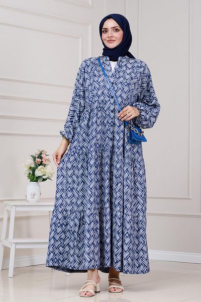 Sevitli Geometric Half Button Robe Dress-Navy Blue