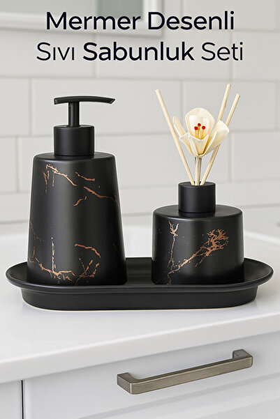 ARVALE Modern Mermer Desenli Banyo Seti | Siyah Gold Detaylı 2'li Set