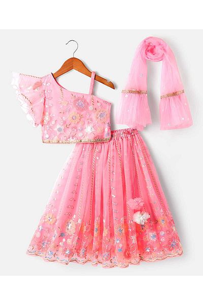 Babyhug Net Woven Off Shoulder Floral Sequenced Embroidered Choli Lehenga Set With Dupatta - Pink