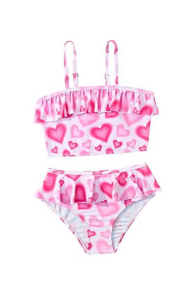 SAPS Hearts Quick Drying Cold Shoulder Frilled Sleeveless Sun Top & Swim Panties Set-Fuchsia