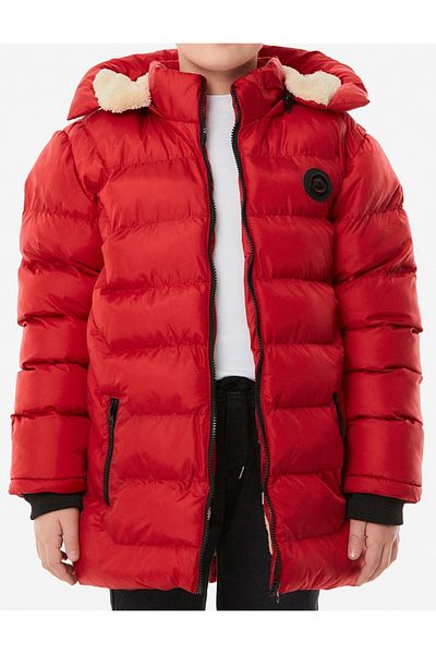 İrem Çocuk Giyim Boy/Girl Embroidered Hooded Red Puffer Coat