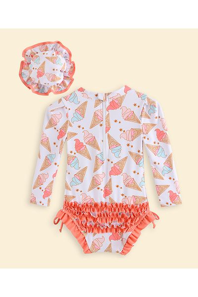 SAPS Ice Cream Printed Full Sleeves V Cut Swimsuit With Cap - White