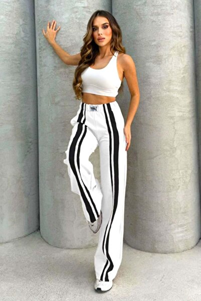 FashionForYou Αθλητικό παντελόνι ThinK Deep, με ρίγες και καμπάνα. Καμπάνα Large, Λευκό.