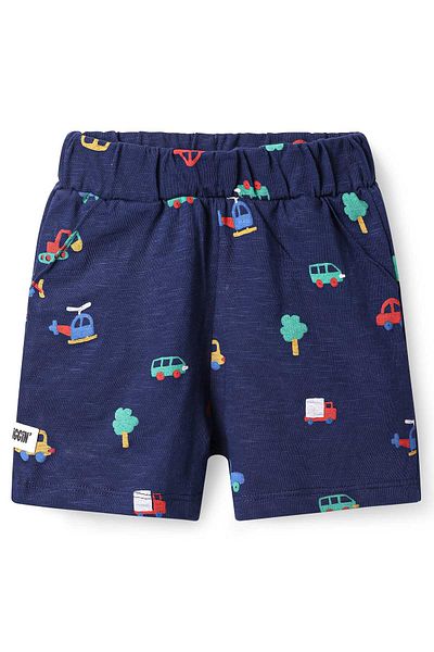 Bonfino 100% Cotton Knit Above Knee Length Vehicle Printed Shorts Pack of 3-Navy Blue Orange & White