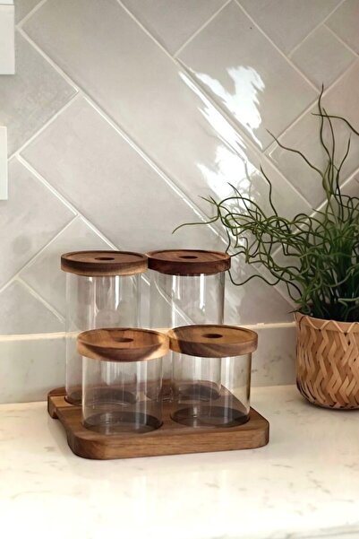 GLAMZE Akasya Standlı 4'lü Cam Kavanoz Seti