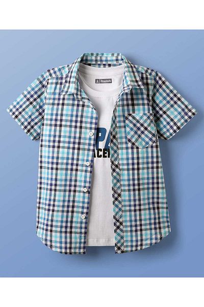 Pine kids Pine Kids Cotton Woven Half Sleeve Checks Shirt Sleeveless Text T-Shirt-Light Blue White & Navy Blue