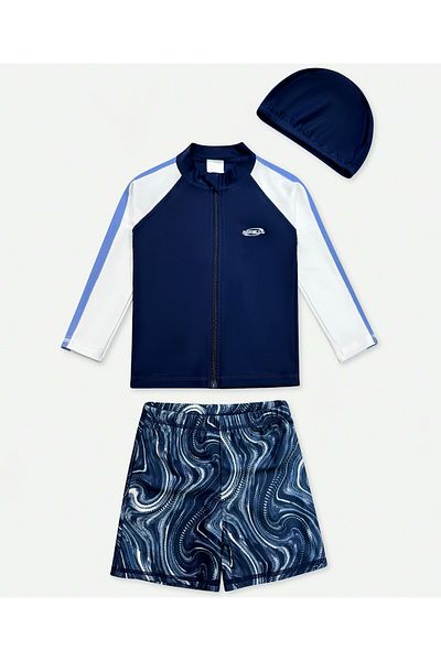 SAPS Summer Momasong Printed Sun Top With Swim Shorts and Cap - Blue/White
