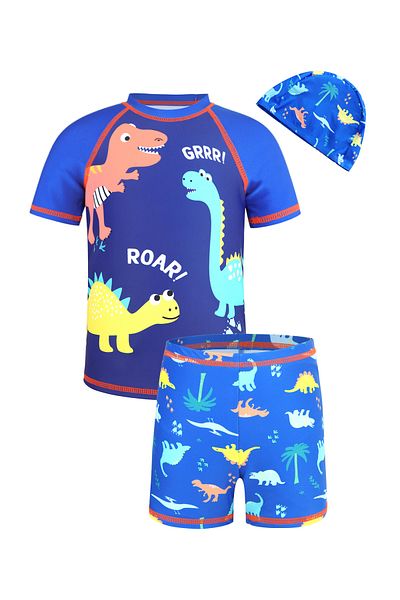 SAPS Dinosaur Printed Swim T-Shirt and Shorts Set with Cap - Blue