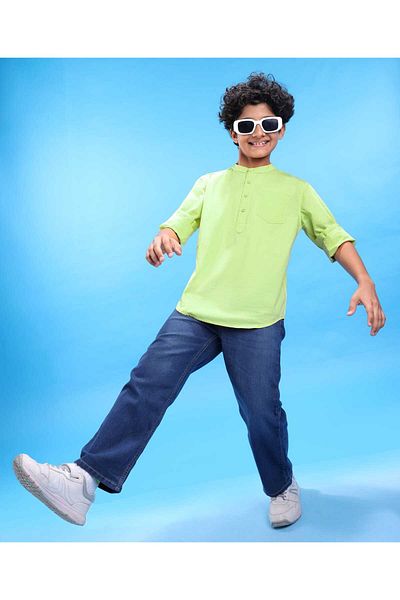 Pine kids Pine Kids Cotton Woven Full Sleeves Mandarin Collar Solid Shirt - Light Green