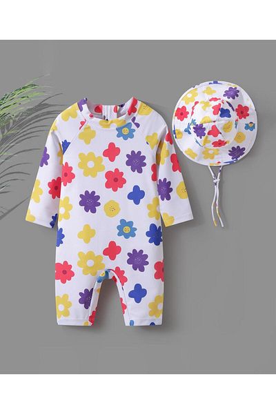 SAPS All Over Floral Print Quick Drying Full Sleeves Legged Swimsuit with Swimming Cap - Multicolor