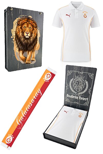 Galatasaray Original Licensed Polo Collar White Training T-Shirt + Shawl Kaşkol Set Gift