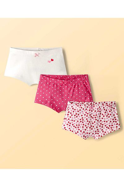 Pine kids Panties with Heart Print & Bow Applique Pack of 3 - White & Pink
