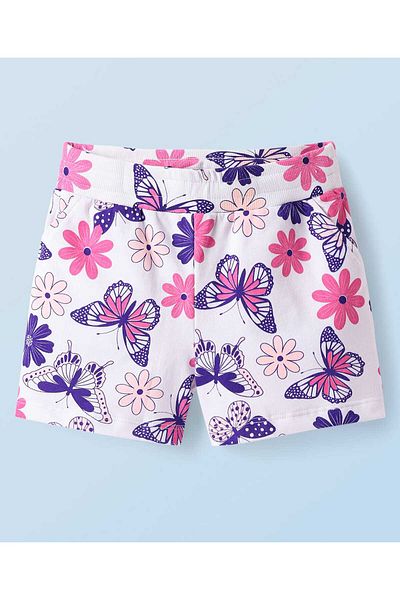 Honeyhap Premium 100% Cotton Knit Above Knee Length Shorts Text Print Pack of 2-Pansy & Bright White
