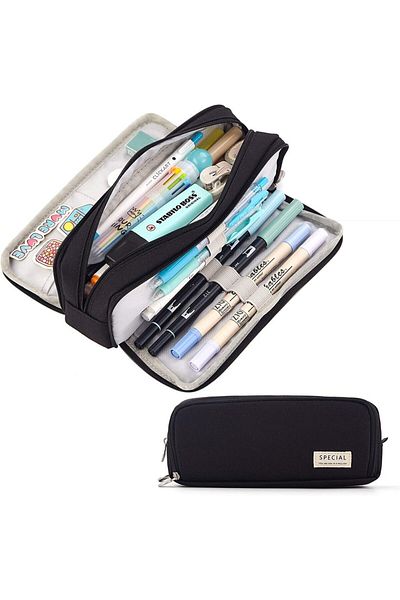 Choice Black Large Capacity Pencil Case 3 Compartment Canvas for Students Box Office Student Pen Bag Statio
