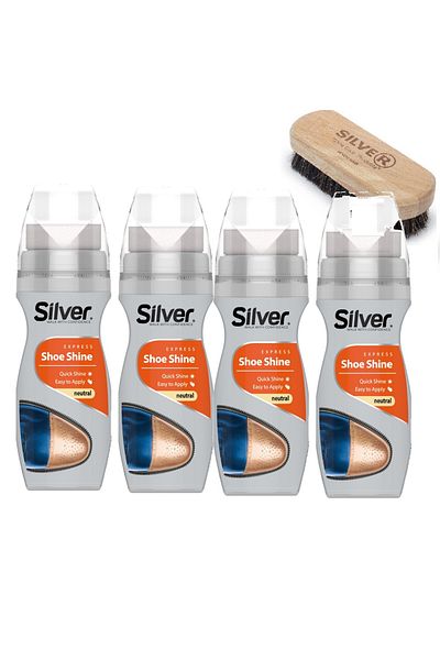 Silver Set of 4 premium liquid shoe polishes, with applicator and horsehair brush, 300 ml, Transparent