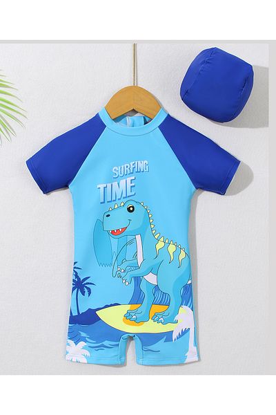 Babyhug Half Sleeves Legged Swimsuit with Cap & T-Rex Print - Blue