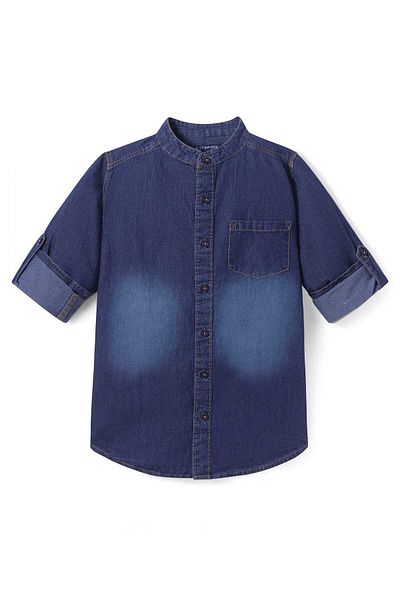 Pine kids Pine Kids Woven Full Sleeves Washed Mandarin Collar Denim Shirt - Navy Blue