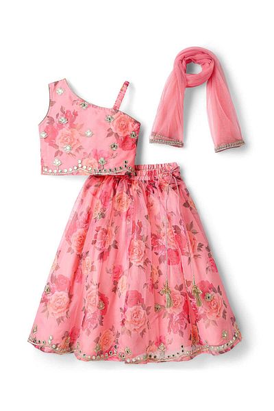 Babyhug Woven Sleeveless Choli Lehenga Set & Dupatta With Floral Embroidery & Lace Detailing - Pink