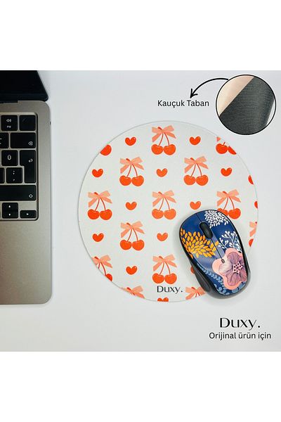 Duxy Cherry Pattern Rubber Mouse Pad, 19 Cm, Non-Slip Base, Comfortable and Soft Mousepad for Home Office and Gaming