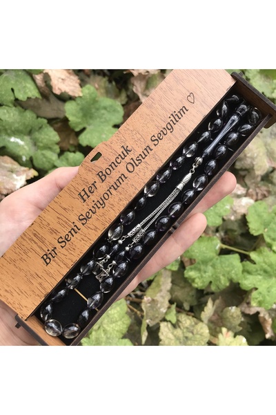 KANUNİ TESBİH Siyah Hareli Sevgiliye Hediye Tesbih,Ahşap Kutulu Harfli Tesbih