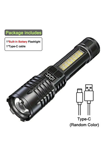 Choice Black High Power LED Flashlight Zoom Powerful Torch, TYPE-C Rechargeable, Waterproof, COB Side Light