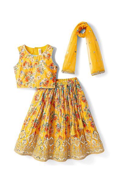 Babyhug Woven Sleeveless Choli Lehenga Set Dupatta Set Floral Print & Sequin Detailing - Mustard