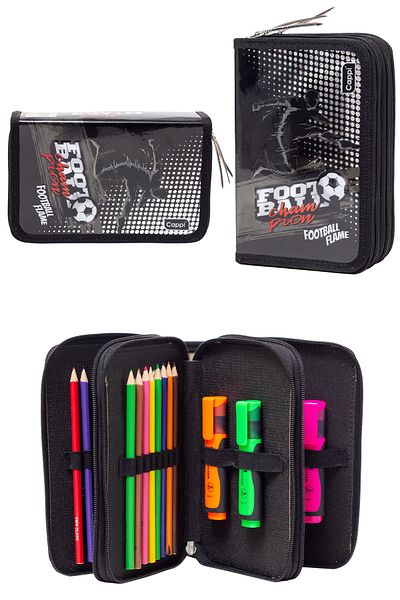 KAFF Black Football Patterned Pvc Three Compartment Boy Organizer Pen Holder Pencil Case -Cp7002