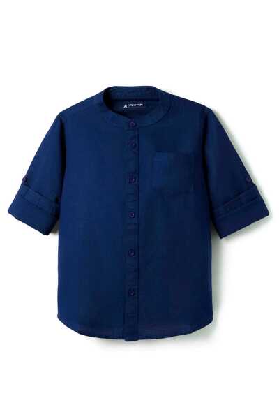 Pine kids قميص باين كيدز 100% قطن بأكمام طويلة وألوان سادة وياقة ماندرين - أز...