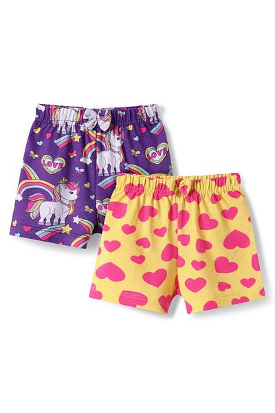 Babyhug Shorts with Unicorn & Hearts Print (Pack of 2) - Yellow & Purple