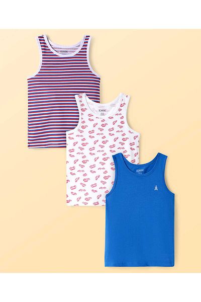 Pine kids سترات أطفال من القطن والليكرا بدون أكمام بطبعة خطوط وسيارات - أزرق/أحمر/أبيض