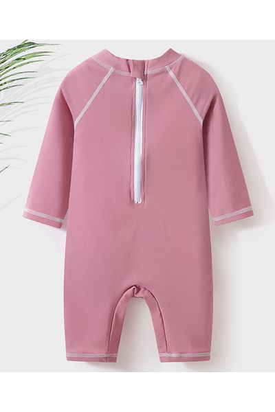 SAPS Palm Tree Printed Full Sleeves Quick Drying Legged Swimsuit with Swimming Cap - Pink