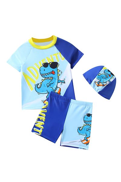 SAPS Dinosaur Graphic Swim T-Shirt and Shorts Set with Cap - Blue
