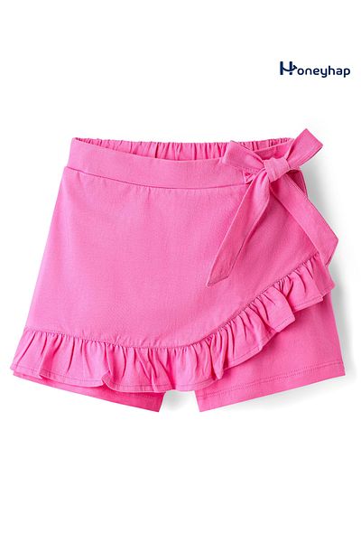 Honeyhap Premium 100% Cotton Knit Bio Finish Above Knee Length Solid Skort Bow Applique-Pink Cosmos