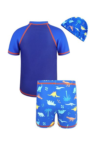 SAPS Dinosaur Printed Swim T-Shirt and Shorts Set with Cap - Blue