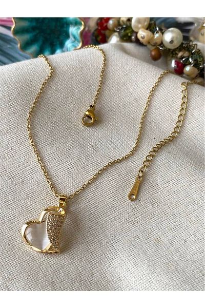 TR Gold Minimal Chain Curled Zircon Design Acrylic Heart Steel Necklace 45 cm