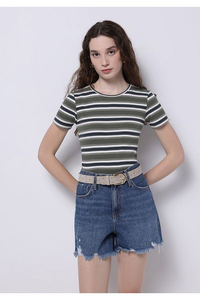 Colin's Tricou cu mânecă scurtă verde pentru femei, cu gât rotund, cu dungi