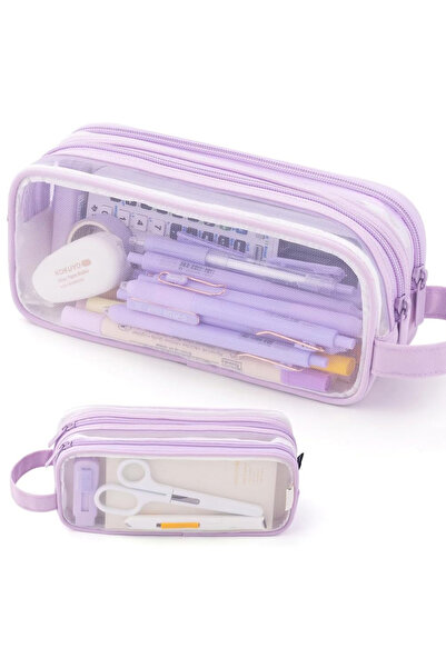 Choice حافظة أقلام شبكية كبيرة أرجوانية بطبقتين شفافة، حقيبة أقلام رصاص محمول...