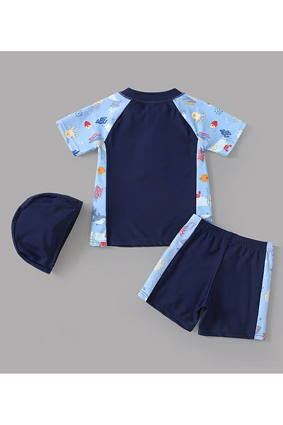 SAPS Ocean Life Theme Printed Short Raglan Sleeves Quick Dry Two Piece Swimsuit Swimming Cap - Blue