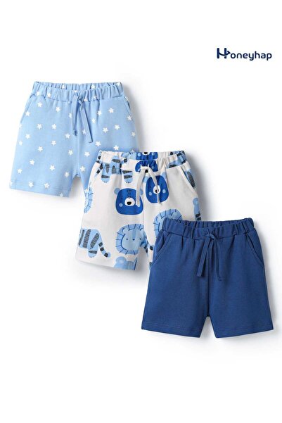 Bonfino 100% Cotton Animals and Stars Printed Shorts (Pack of 3) - Blue, White