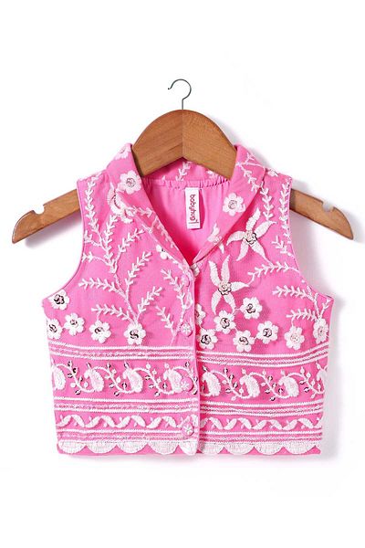 Babyhug Woven Sleeveless Choli And Lehenga Set With Dupatta And Floral Embroidery Sequins Work-Pink