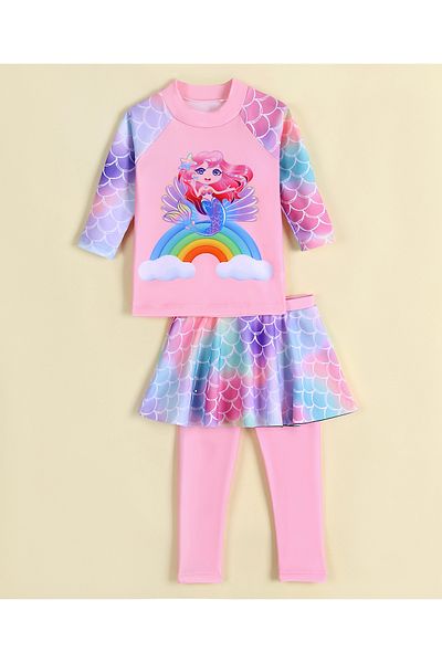SAPS Mermaid & Scales Print Quick Drying Full Sleeves Two Piece Swimsuit - Pink